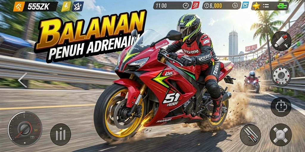 Screenshot menunjukkan aksi balapan motor yang mendebarkan.