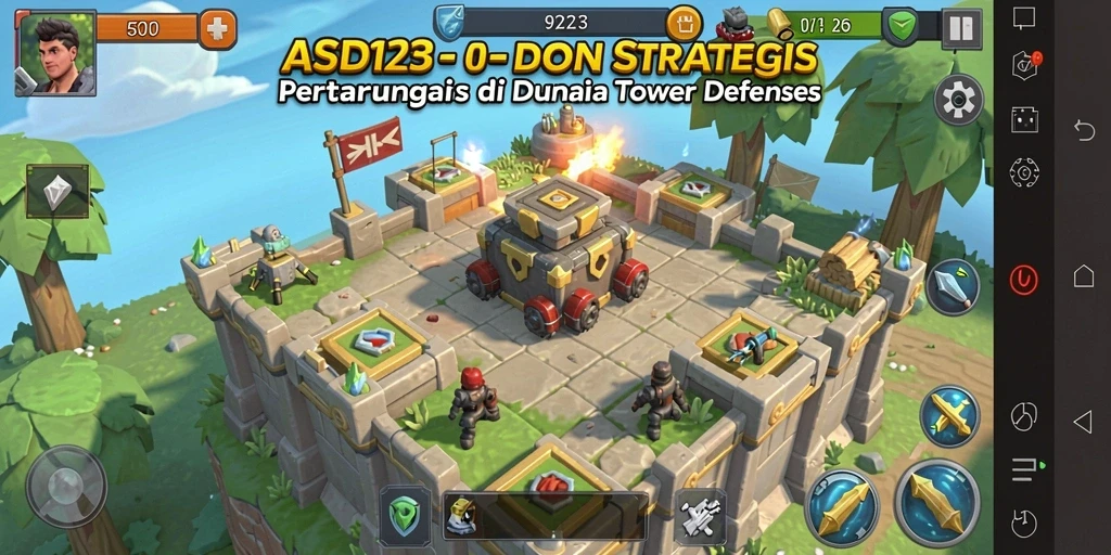 Tampilan gameplay menawan dari ASD123 menunjukkan pertarungan menara melawan musuh.
