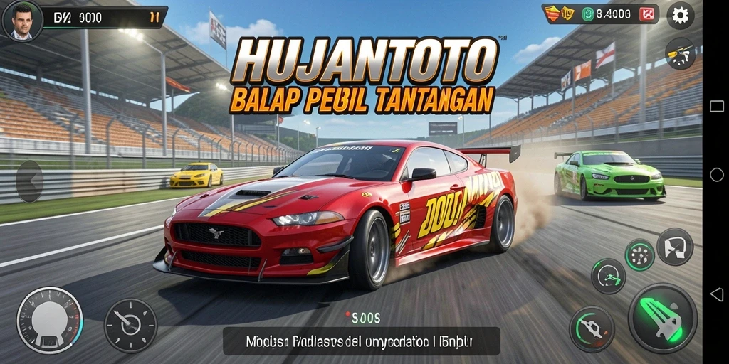Screenshot gameplay HUJANTOTO menampilkan balapan mobil yang mendebarkan.