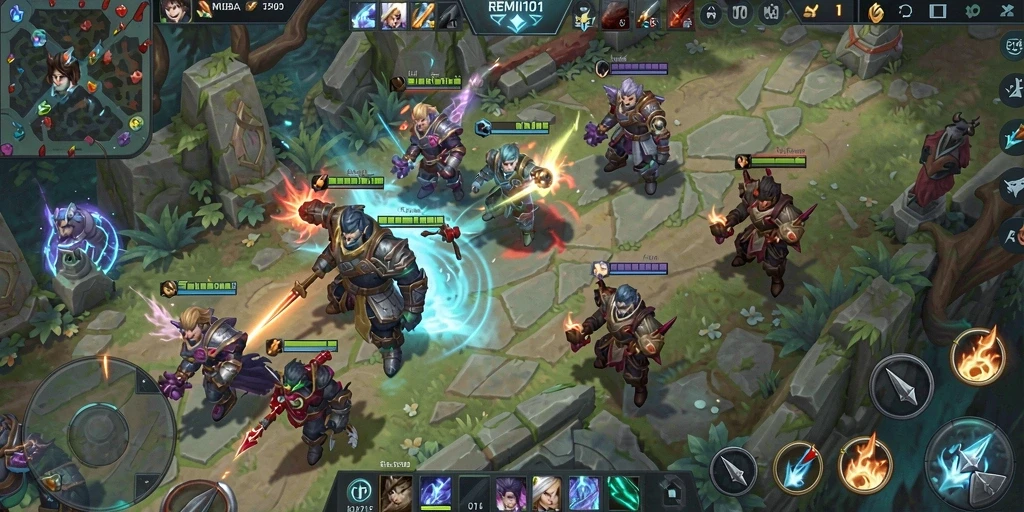 Tampilan aksi seru dalam gameplay REMI101 MOBA.