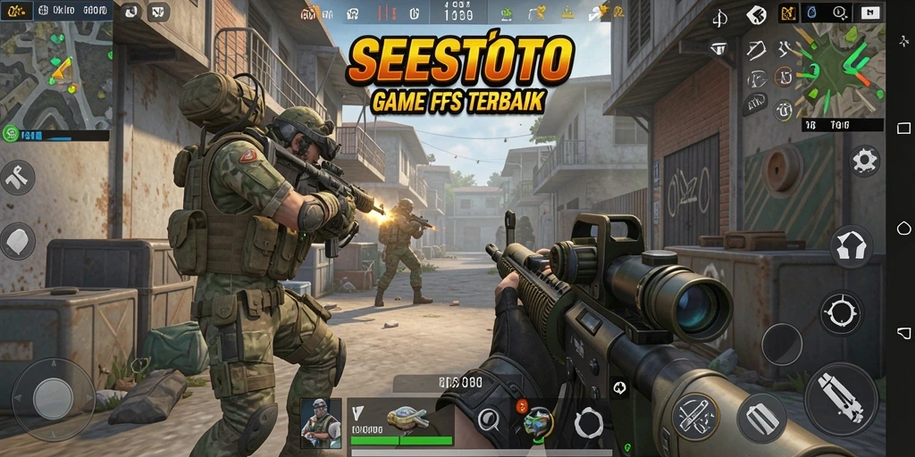 Tangkapan layar utama SESETOTO menampilkan aksi menembak yang seru.