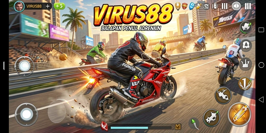 Tampilan gameplay <strong>VIRUS88</strong> menampilkan kecepatan dan ketegangan balapan motor.